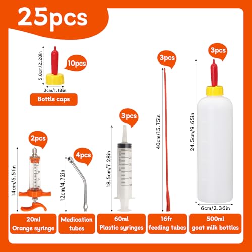 14PCS Lamb and Goat Kid Feeding Tube Kit Included 2 500ml Lamb Feeding Bottles 5 Milk Nipples 2 60ml Syringe with 2 16fr Red Feeding Tube Kit,1 20ML Reusable Goat Syringe with 2 Drench Nozzle (25)