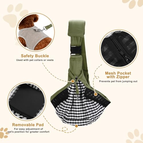 Dog Sling Carrier for Small Dogs and Cats Up to 16.5 Lbs, Breathable with Shoulder Pad Pet Crossbody Shoulder Bag, (Dark Green, 1 Pcs) Intended for Outdoor/Camp/Travel - color: Dark Green