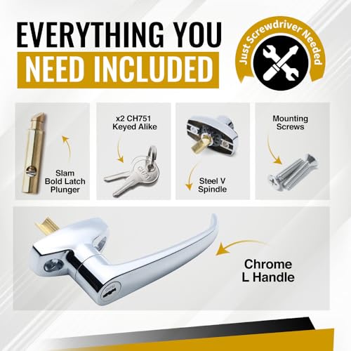 Trash Chute ADA L Handles and Laundry Chute Door Latch Plunger kit with V Spindle for Bottom & Side hinged Doors. Handicap Approved Universal Locking Chrome Handle Hardware Parts