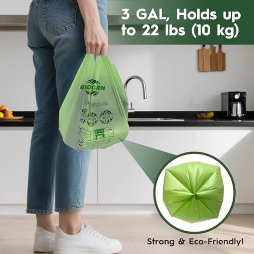 2.6-3 Gallon Compostable Trash Bags with Handles 80 Count 0.67 Mil 11.36 L Small Kitchen Wet Food Scrap Waste Compost Bag for Countertop Bin ASTM D6400 US BPI and OK Compost Home Certified - color: 3 Gallon Handle Tie, 80 Count