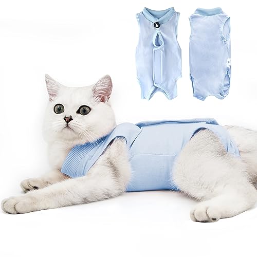 Cat Recovery Suit for Male and Female Surgical Post Surgery Soft Cone Onesie Shirt Clothes Neuter Licking Protective Diapers Outfit Cover Kitten Spay Collar(L, Blue) - color: Blue, size: Large