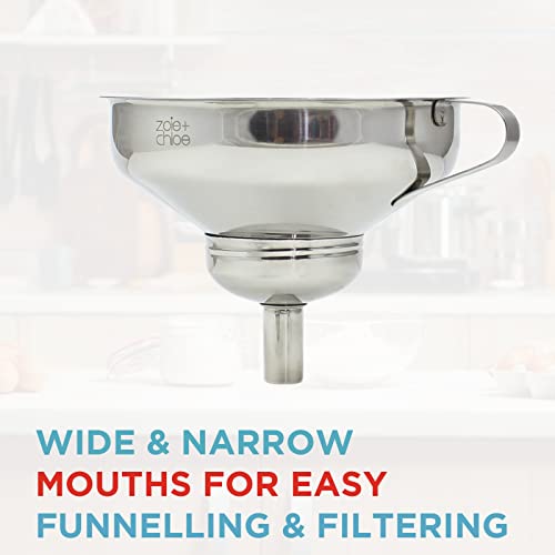 Zoie + Chloe 3-in-1 Stainless Steel Funnel Set - Kitchen Funnels with Detachable Fine Mesh Filter & Strainer for Filtering Herbs, Food Bits - Durable Stainless Steel - Ease to Use, Dishwasher Safe