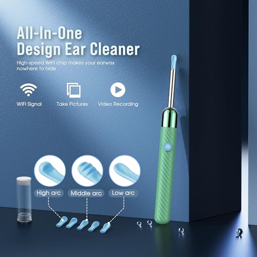 LEIPUT Ear Wax Removal - Earwax Remover Tool with 8 Pcs Ear Set - Ear Canal Cleaner with 1080P Camera - Ear Cleaning Kit with 6 Ear Spoon - Ear Camera for iOS & Android (Green) - color: Green