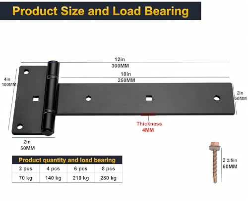 Heavy Duty T Strap Gate Hinges,12 Inch 4mm Thick - 180° Open | 2Pcs Hinges for Gate, Shed, Barn,Fence,Garden gate, Garage Door- Rust-Proof Black Steel Hinges(Patent Pending) - size: Middle