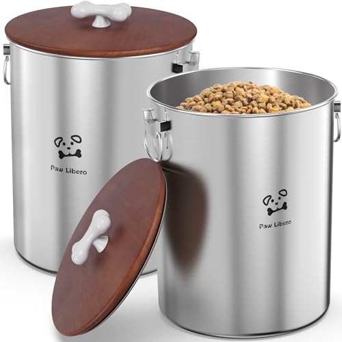 Paw Libero 2PK 25 Lbs total 50 Lbs Stainless Steel Dog Food Storage Container with Airtight Wooden Lid & Ceramic Bone Handle, Large Metal Dog Food Bin for Dogs & Cats - size: 25 lbs - 2pk