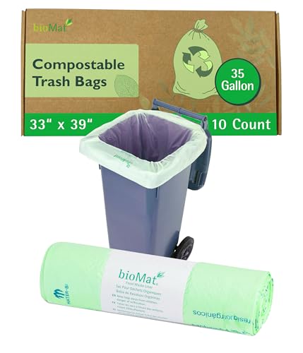 bioMat 33-35 Gallon Compostable Food Scrap Bags, 10 Count | BPI, CMA and OK Compost HOME certified, Meets the ASTM D6400 Standard, Tall Flat Top Bin Liner for Kitchen Food Waste Bin - size: 10 Count (Pack of 1), style: 35 Gallon