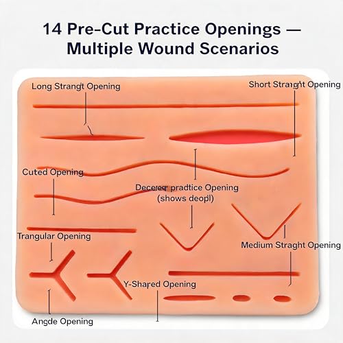 Suture Practice Kit for Medical & Vet Students –Suturing Kit with 3-Layer Silicone Suture Pad, 14 Pre-Cut Wounds, Sutures, Surgical Training Tools & Carry Case