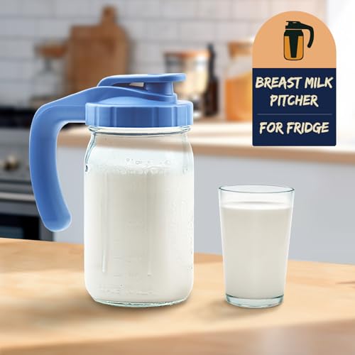 Breast Milk Pitcher, 32oz Glass Pitcher with Flip Top Lid & Handle - Leak Proof Mason Jar for Iced Tea, Lemonade & Juice, Dishwasher Safe, Blue