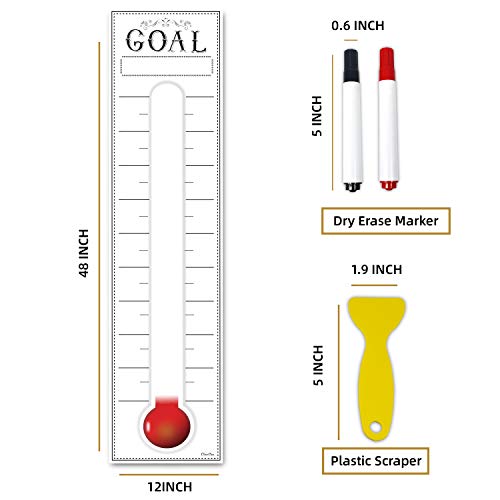 Goal Setting Fundrasing Thermometer - 48"x12" Dry Erase Self-Adhesive Goal Tracker - Poster Charts for Home, School and Office - color: White B