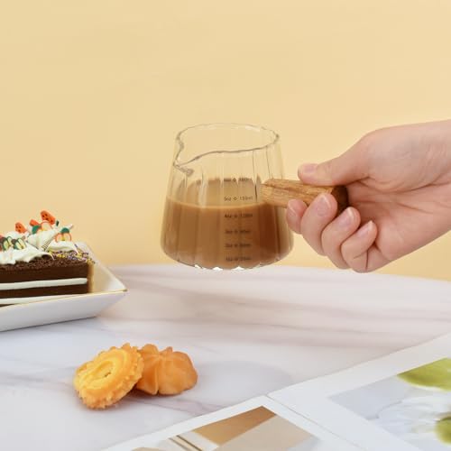 Glass Measuring Cup, 6oz Creamer Pitcher with Wood Handle | Creative Milk Frothing Pitcher Creamer Shot Glass (Transparent) - color: Transparent