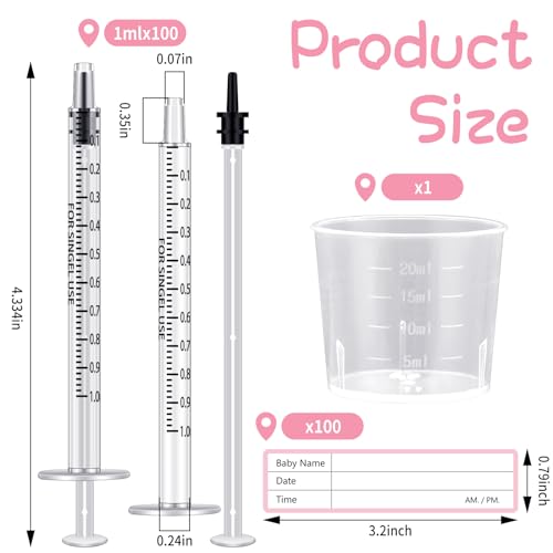 Trelaco 100 Sets 1 Ml Breast Milk Syringes No Needle Colostrum | Sterile Sealed with Caps and Cup, Baby Name Labels, Needle-free Harvesting for Storing Freezing Milk, For Postpartum Moms - size: 1 ml