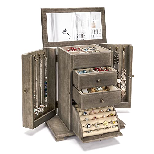 Emfogo Jewelry Box for Women, Rustic Wooden Jewelry Boxes & Organizers with Mirror, 4 Layer Jewelry Organizer Box Display for Rings Earrings Necklaces Bracelets (Weathered Gray) - color: Weathered Gray