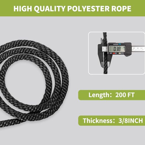 3/8 Inch × 200 FT Black Polyester Solid Braid Rope – UV & Abrasion Resistant, Low Stretch, Multipurpose for Flagpole Halyard, Clothesline, Camping, and Utility Tasks - size: 3/8 In×200 FT