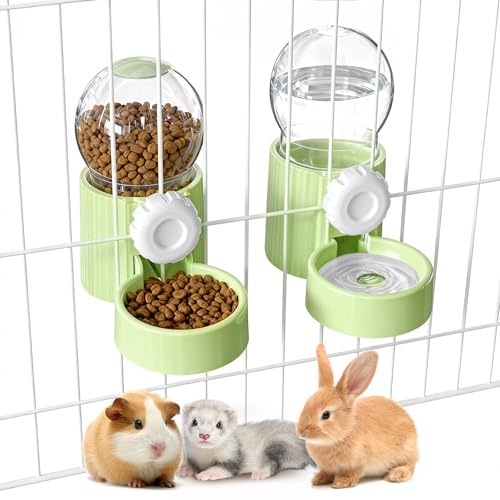 38oz Rabbit Water Dispenser and Feeder Set(Green) | Large Hanging Automatic Food Water Dispenser, for Bunny Guinea Pig Chinchilla Ferret Cage Accessories - color: Green