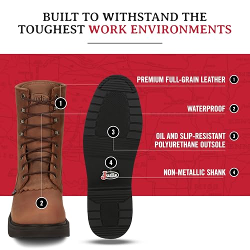 Justin Livestock 8" Waterproof Work Boots for Men - size: 12 Wide