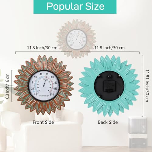 Sunflower Outdoor Thermometers, No Need Battery | 12" Metal Indoor Themometer, Wall Thermometer with Large Number Easy to Read for Patio Room Decor - color: Bronze Flower