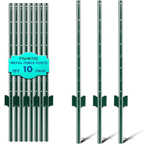 7 ft Fence Post, 10 Pack Heavy Duty Metal Fence Posts, Sturdy Steel T Post | No Dig Fence Stakes, U-Channel Garden stakes for Lawn, Farm, Yard, Orchard and Outdoor Electric Fence Wire, Corner Support - size: 7ft-10 pack