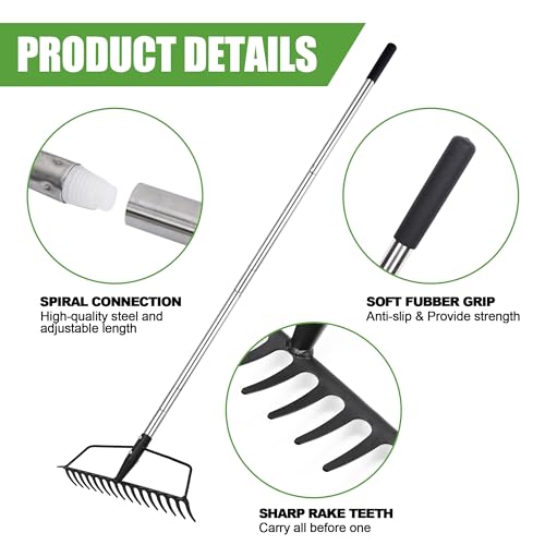 YEELOR Garden Rake, Heavy Duty 16-Tine Bow Rake, Metal | Adjustable Stainless Steel Handle, For Yard Work, Loosening Soil, Leveling Mulch, Gathering Leaves