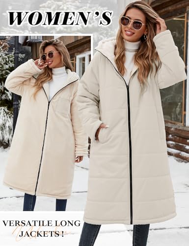 Yusongirl Women's Reversible Long Winter Puffer Coat with Hood and Fleece | Two wearable sides for winter commutes, school runs and city errands, with quilted warmth, soft fleece, a hood and pockets - color: Beige, size: Small