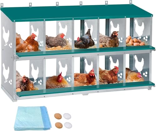 Chicken Nesting Box, 10 Compartments Nesting Box with 4 Fake Eggs & 10 Soft Nest Pads, Wall Mounting for Easy Egg Collection, Heavy Duty Galvanized Steel Rustproof Laying Box with Vented & Easy Clean - size: 10 compartment