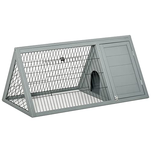 PawHut 46" x 24" Wooden A-Frame Outdoor Rabbit Hutch, Small Animal Cage, Bunny Hutch with Outside Run & Ventilating Wire, Gray | Wooden Chicken Coop with Run for Rabbit, Small Duck Chicken, Garden Backyard Farms - color: Gray