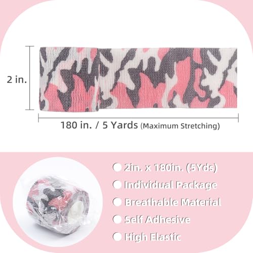 IndigoCase 6 Pack Self Adhesive Bandage Wrap 2 Inch x 5 yd Elastic Tape | CAMO-Pink Color Elastic Bandage Wrap, Vet Wrap, Small Bandage for Kids, Fingertip, Wrist, Dog, Pets - color: Camo-pink, size: 2 Inch - 6 Pack