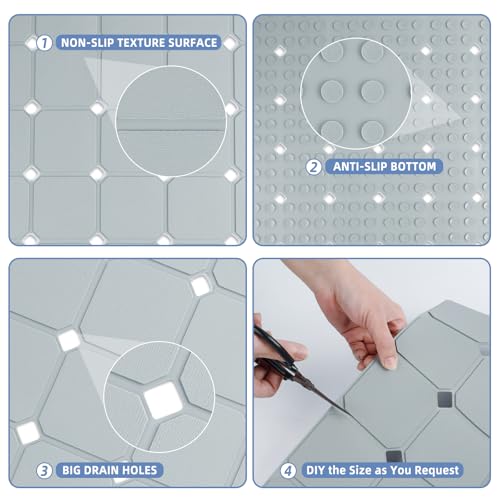 Shower Mat Non Slip 21"x21" Silicone Foldable Bath Mat with Suction Cups & Drain Holes, Odorless, Eco-Friendly & Durable, Machine Washable Shower Stall Mat for Adults, Seniors Grey - color: Grey