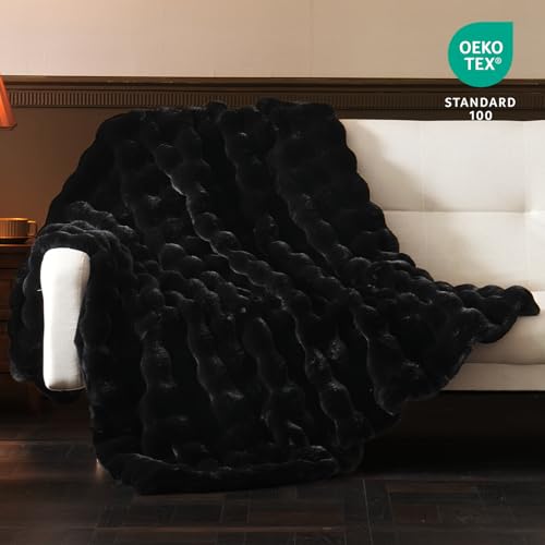 BENVWE Faux Fur Throw Blanket for Couch Bed - Fluffy Soft Thick Bubble Blanket for Living Room Home Decor - Fathers Day Birthday Gifts for Women Men, Black, 60" x 80" - color: Black, size: Twin(60" x 80")