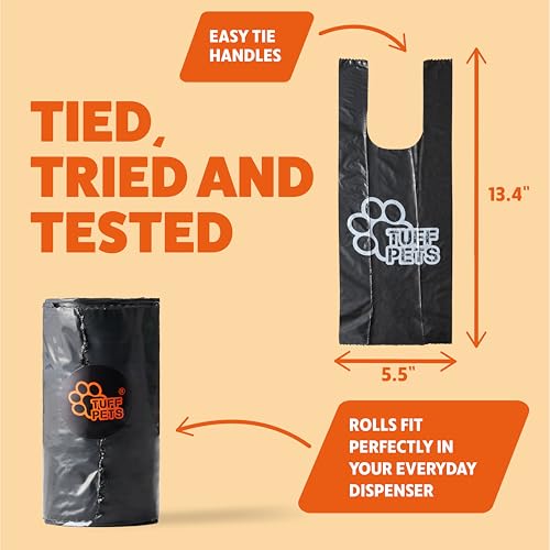 Tuff Pets Dog Poop Bags Rolls with Handles, Extra Thick Poop Bags for Dogs | 16 Rolls of Heavy Duty Doggie Poop Bags, Fits Any Standard Dispenser - style: Orange- Cornstarch