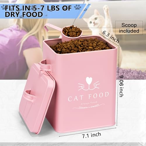 Meraki Home Farmhouse Cat Food and Treats Containers + Feed Scoop + Pet Food Bowl - Tight Lids - Large Metal Storage Bin - Great Gift for Cute Pets (Matte Pink) - color: Pink