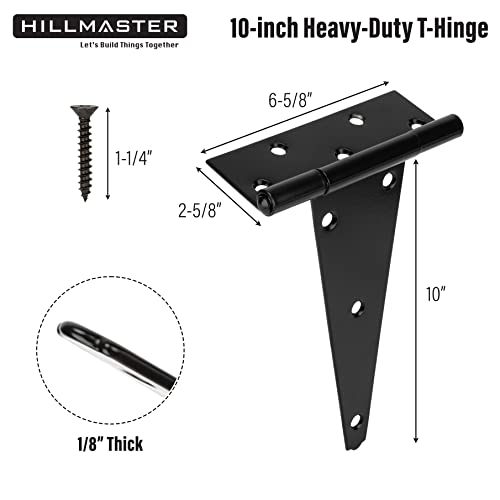 HILLMASTER 10 Inch T-Strap Heavy Duty Shed Door Hinges Gate Strap Hinges Black Tee Hinge Wrought Hardware for Wooden Fences,Yard,Barn Door,Rustproof (6 Pack) - size: 10in 6Pack
