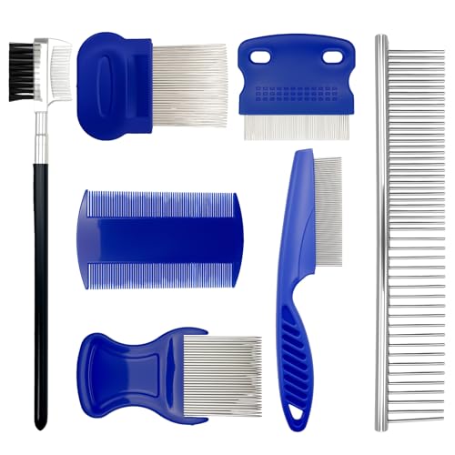 7PCS Flea Comb Set for Cats & Dogs, Pet Comb, Dog Eye Comb, Tick Comb | 7 combs for flea removal, tear stain cleaning and grooming with stainless steel and plastic for cats and dogs.