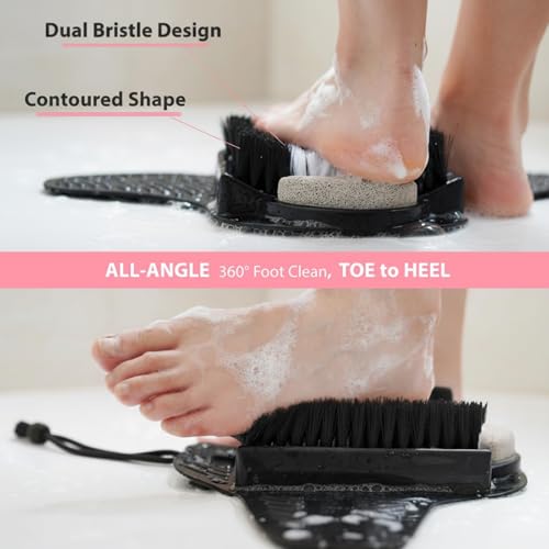 Efforest Shower Foot Scrubber Mat with Pumice Stone - Cleans, Smooths & Removes Dead Skin on Foot Without Bending, Foot Callus Remover with Non-Slip Suction Cups (Black) - color: Black