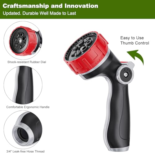 FANHAO Professional Garden Hose Nozzle Heavy Duty Metal, Thumb Control Spray Nozzle with 7 Patterns, High Pressure Water Nozzle with 3 Adjustable Jet Modes for Car Wash, Watering Lawn and Pets