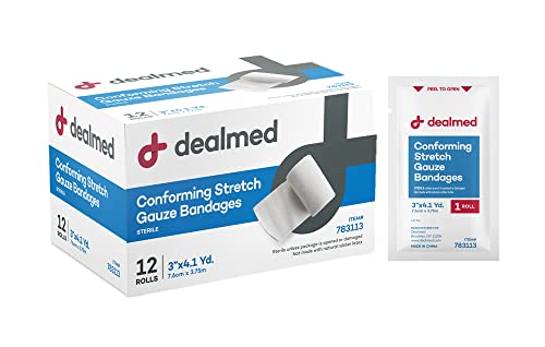 Dealmed Sterile Conforming Stretch Gauze 3 in - Latex Free - 12 Rolls | 4.1 Yards Each, Polyester Cotton Blend, Individually Wrapped, Non-Adherent Mesh, Whole Body Use, 900 Day Shelf Life, White - size: 3 Inch (Box), style: Sterile