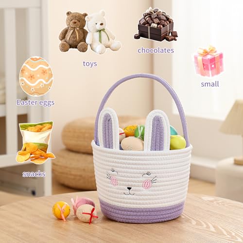 Easter Baskets for Easter Egg with Handle Woven Empty Hunt Boys' Lovely Bunny Rabbit Colorful Woven Basket First Easter Gifts for Boys, Babies, Kids, and Children (Purple) - color: Purple