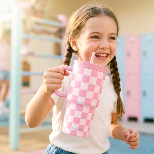 SANDJEST Checker Stainless Steel Tumbler 20oz with Handle and Silicone Straw Locking Lid for Kids Girls, Birthday Christmas Back to School - color: Checker 2