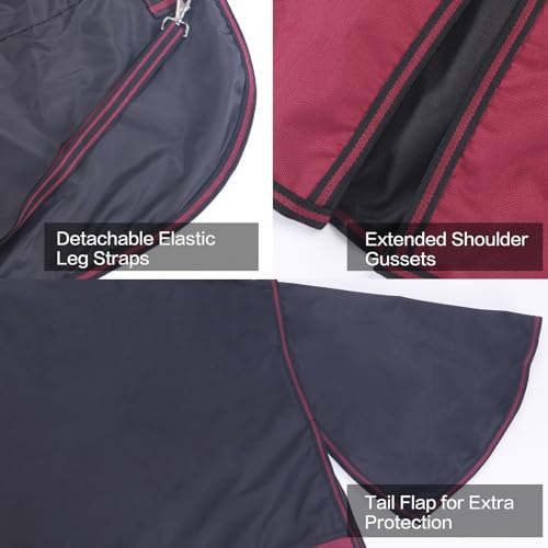 1200D Horse Blanket, 0g No-Fill Waterproof Turnout Rain Sheet | 1200D Ripstop Outer, Waterproof Breathable Shell, Anti-Rub Lining, 0g No-Fill, Keep Dry in Mud & Wet Weather, Large Tail Flap - color: Black Wine, size: 78"