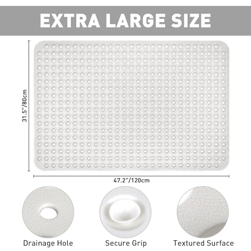 Shower Mat Non Slip: 47.2 x 31.5 Inch Extra Large TPE Shower Mats for Inside Shower - Anti Slip Shower Stall Matt with Drain Hole and Suction Cups for Elderly - color: White, size: 47.2" x 31.5" (Rectangular)