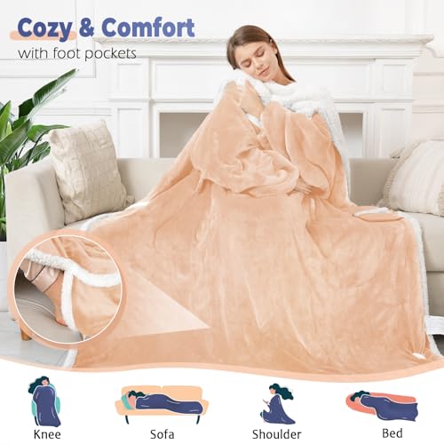 Wearable Heated Blanket with Foot Pocket, Electric Wearable Throw Blanket with Sleeves, Hood, Portable Heated Blanket with 8 Heat Settings, 1-10 Hours Auto Shut-off, Gift for Family, Friends, 50*70" - color: Beige
