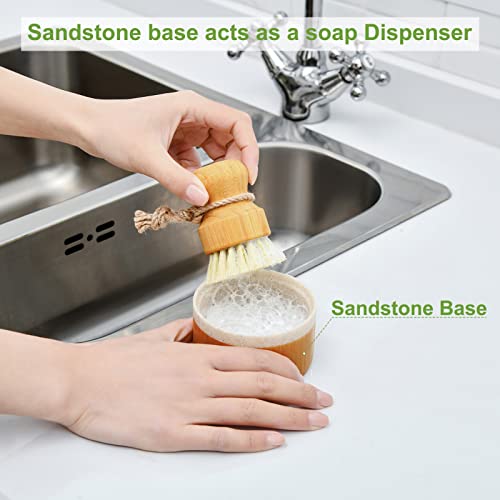 SUBEKYU Bamboo Dish Scrub Brush,Produce Brush,2 Pack with Holder | Vegetable Brush,2-Pack Natural Sisal Bristles-2 Soft, 1 Firm,Kitchen Wooden Cleaning Scrubbers Engineered Stone holder Set - color: Sandstone Base +Sisal 1p+palm 1p, size: Regular size
