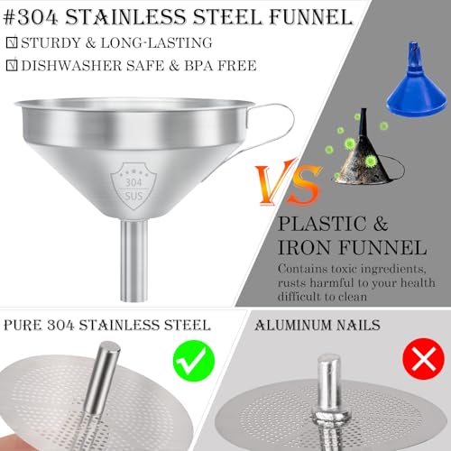Kitchen Bottling Funnel, 5-inch 304 Stainless Steel Funnel | Funnel with Filter for Conveying Oil,Juice, Wine and Milk, Equipped with Silicone Scraper and 100 Mesh 200 Mesh Filter