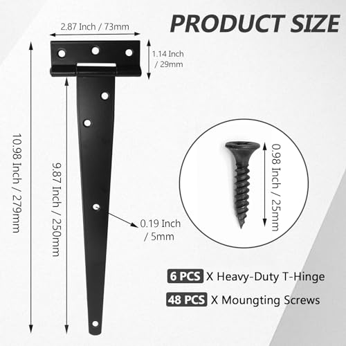 Murtenze Heavy Duty T-Strap Hinge, Black, 10 Inch, 6 pcs | Shed Door Hinges, Gate Hinges, Tee Hinge Wrought Hardware, For Wooden Fences Yard, Rustproof - color: Black, size: 10 Inch - 6Pack