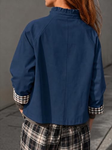 Cicy Bell Womens Ruffle Short Trench Coat Single Breasted Cropped Jackets | Stand Collar, Fall Jackets, Outerwear Coats, Button Down, Plaid Cuffs - color: Navy, size: XX-Large