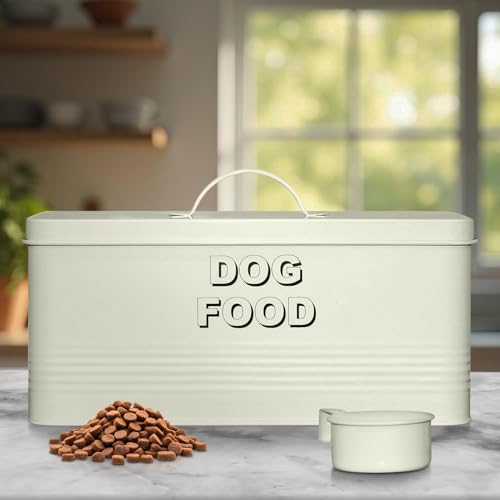 Plexon Metal Dog Food Storage Container with Scoop - Small Dog Food Container 10lbs Holder Treat Jar Bin with Lid - Pet Chow Storage Canister Tin, 2 Gallon, Off-White - color: Off-white, 2 Gall Capacity