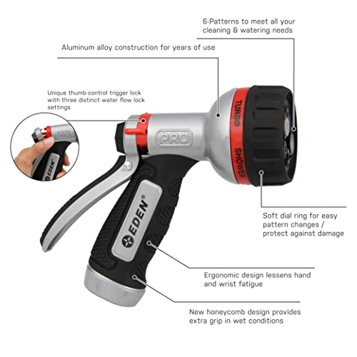 Eden PRO 94830 Metal Rear Trigger 6-Pattern Turbo Nozzle | Heavy-Duty Hose Sprayer for Garden, Lawn, Plants, Outdoor Cleaning, Durable Aluminum Core, Quick Connect Set Bundle - style: Rear Trigger