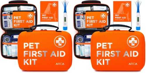 ARCA PET Cat & Dog First Aid Kit for Car - Pet Emergency Kit for Home Office Travel – Dog Camping Essentials with Digital Thermometer, Muzzle & Mini First Aid Pouch (Pack of 2) - size: CoreCare Kit (Pack of 2)