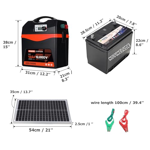 Solar Electric Fence Charger - 9 Joule Fence Energizer 25W Solar Panel Fence Energizer 12V Battery 120Miles Range Electric Fence Energizer Ideal for Livestock, Poultry, Large Animals - size: ADS9000