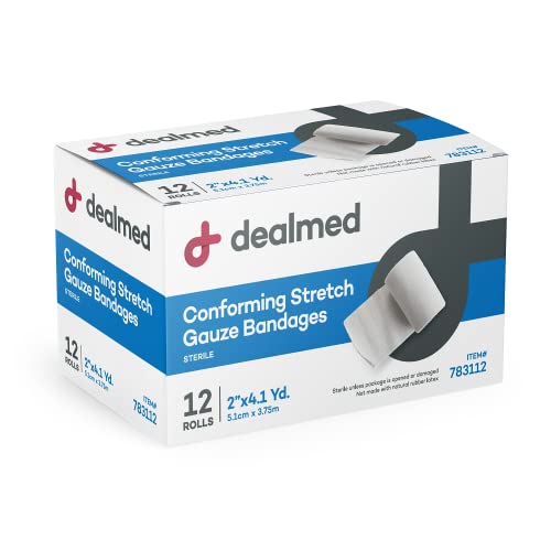 Dealmed 2 in Sterile Stretch Gauze Bandage - Latex Free - 12 Rolls | Polyester Mesh, Hypoallergenic Fabric, 4.1 yd Length, Individually Wrapped, Self Adhering, For Arm Wrist Ankle Leg - size: 2 Inch (Box), style: Sterile