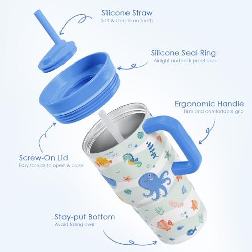 SANDJEST Sea Animals Stainless Steel Tumbler 20oz with Handle and Silicone Straw Locking Lid for Kids Boys Girls, Birthday Christmas Back to School - color: Sea Animal
